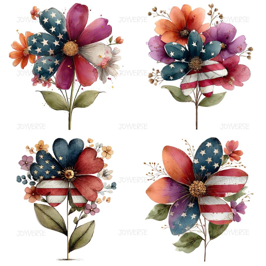 Patriotic Flowers Clipart Bundle, Watercolor Whimsical Independence Day ...