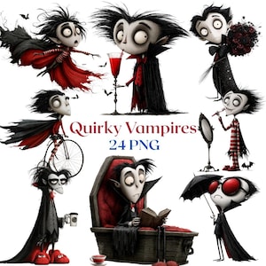 May include: A collection of cartoon vampire illustrations featuring characters with pale skin, dark hair, and capes. The set includes vampires flying, drinking red liquid, riding a bicycle, reading in a coffin, and holding an umbrella. Text reads: Quirky Vampires 24 PNG.