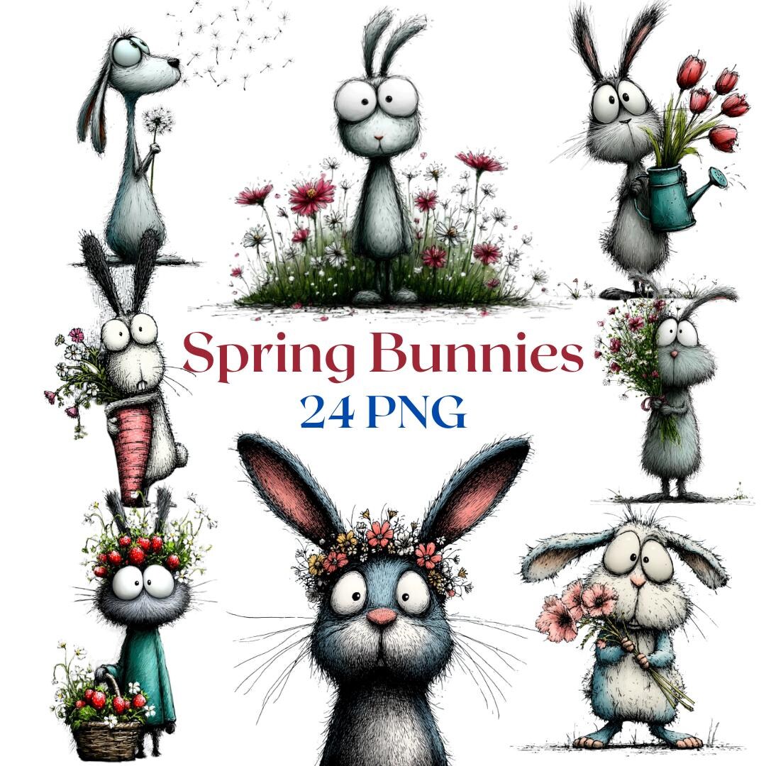 Spring Bunny Icon Whimsical Spring Bunny Clipart Bundle, Watercolor Floral Animal PNG ...