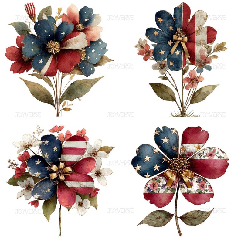 Patriotic Flowers Clipart Bundle, Watercolor Whimsical Independence Day ...