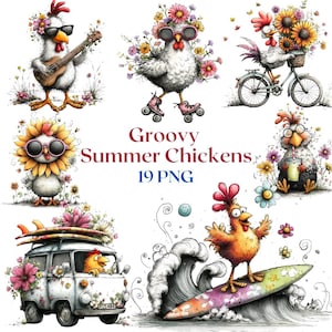 以下が含まれることがあります： Groovy Summer Chickensと題された19個のPNGイラストのデジタルコレクション。サングラス、花、ギター、ローラースケート、自転車、サーフボード、バンを伴う鶏が描かれており、すべて詳細な漫画風のスタイルで表現されています。