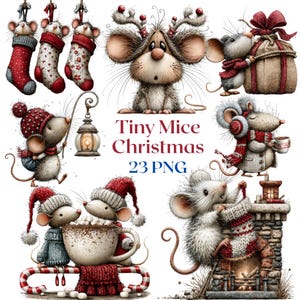 Peut inclure: Une collection d'illustrations numériques représentant des souris en tenue de Noël, avec des souris dans des chaussettes, une souris avec des bois de renne, un cadeau, une lanterne et du cacao. Le texte indique Tiny Mice Christmas 23 PNG.