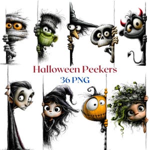 Könnte beinhalten: Eine digitale Sammlung von 36 PNG Halloween Peekers mit Cartoon-Illustrationen einer Mumie, eines Frankenstein-Monsters, einer Hexe, eines Skeletts, eines Teufels, eines Vampirs, eines Kürbisses und eines Sumpfmonsters, die hinter Kanten hervorschauen.