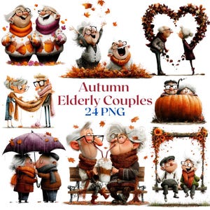 Puede incluir: Una colección de ilustraciones digitales de parejas de ancianos en entornos otoñales, con personajes con gafas, bufandas y jerséis, rodeados de calabazas, hojas caídas y paraguas, con el texto Autumn Elderly Couples 24 PNG.