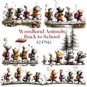 Pode incluir: Uma coleção digital de ilustrações Woodland Animals Back to School 12 PNG com vários animais antropomórficos como raposas, coelhos e guaxinins usando mochilas e carregando livros enquanto caminham por cenas de floresta com cogumelos e árvores.