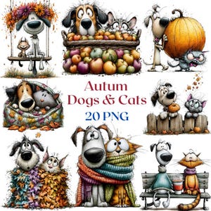 Puede incluir: Una colección digital de 20 ilustraciones PNG con perros y gatos de dibujos animados en entornos otoñales, incluyendo animales con calabazas, manzanas, bufandas y hojas, con el texto Autum Dogs & Cats 20 PNG en el centro.