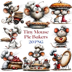 Könnte beinhalten: Eine Sammlung von Illustrationen mit Zeichentrickmäusen, die Kochmützen und Schürzen tragen, Kuchen backen und servieren. Der Text Tiny Mouse Pie Bakers 20 PNG ist mittig zwischen den Mäusen platziert, die große Augen und Schnurrhaare aufweisen.