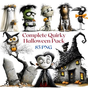 85 PNG-Cliparts – Komplettes Paket mit skurrilen Halloween-Motiven, Aquarellillustrationen von verspielten, gruseligen Figuren und Gegenständen, druckbare Monster für kommerzielle Nutzung