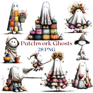 May include: A collection of eight cartoon ghost illustrations titled Patchwork Ghosts 28 PNG. The ghosts feature various patchwork patterns, floral designs, and autumn elements like pumpkins, sunflowers, and a broomstick, rendered in a sketch style.