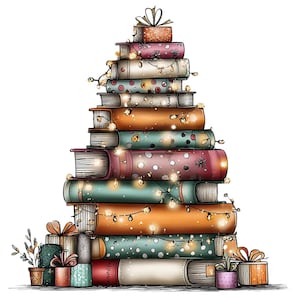 Può includere: Una pila di libri disposti a forma di albero triangolare, decorata con luci scintillanti. I libri presentano vari colori e motivi, tra cui arancione, verde acqua e rosa. Piccole scatole regalo avvolte si trovano alla base della pila.