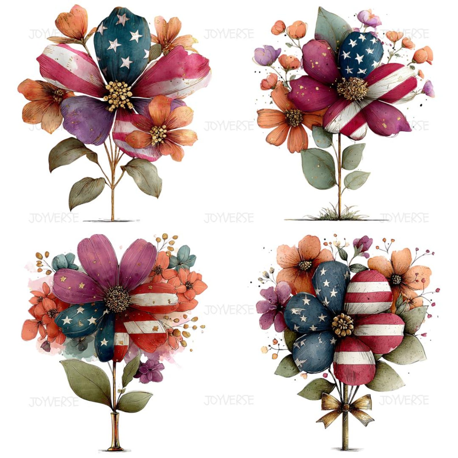 Patriotic Flowers Clipart Bundle, Watercolor Whimsical Independence Day ...