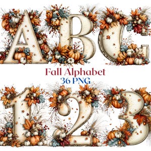 May include: A digital graphic set featuring the letters A, B, C and numbers 1, 2, 3 decorated with autumn elements including pumpkins, pinecones, and fall leaves. The text Fall Alphabet 36 PNG is centered in the middle of the image.