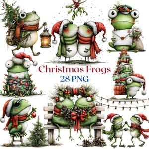 Peut inclure: Une collection d'illustrations numériques représentant des grenouilles vertes dans diverses scènes de Noël, avec des bonnets de Père Noël, des écharpes, des cadeaux, des lanternes et du gui. Le texte Christmas Frogs 28 PNG est centré.