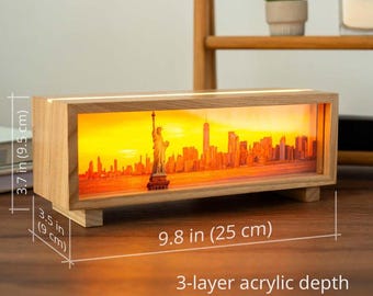 New York Skyline Wooden Lamp, Adjustable LED Night Light, Touch Control USB Decor