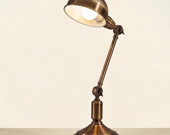 Antique Brass Desk Lamp - Vintage Industrial Adjustable Task Light, Retro Articulated Swing Arm Reading Lamp, Mid-Century Office Decor E27