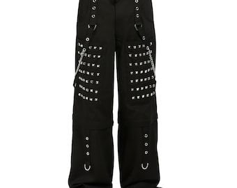 Pantalones cargo negros de algodón para hombre, estilo gótico punk, pierna ancha, con tiras y cadena.