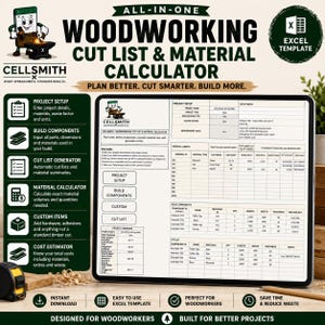 May include: A digital tablet displays an all-in-one woodworking cut list and material calculator Excel template. The screen shows project setup, material library, build components, and cut list tables with text headers and data fields.