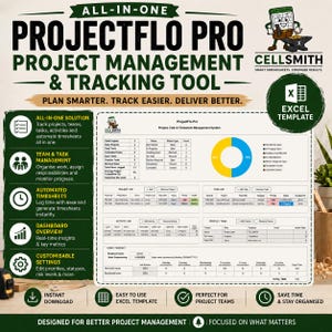 May include: An all-in-one ProjectFlo Pro project management and tracking tool Excel template. The graphic displays a dashboard with project lists, task lists, activity logs, team member tables, and a weekly timesheet. Text includes Plan Smarter, Track Easier, Deliver Better and Cellsmith Smart Spreadsheets, Stronger Results.