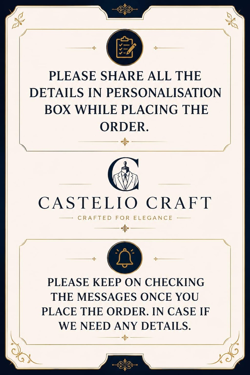 May include: A rectangular informational sign with a cream background and dark blue border. It features the text: PLEASE SHARE ALL THE DETAILS IN PERSONALISATION BOX WHILE PLACING THE ORDER, CASTELIO CRAFT, and PLEASE KEEP ON CHECKING THE MESSAGES.