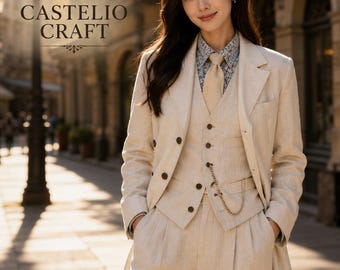 Beige linnen 3-delig pak voor dames | Lange linnen overjas, vest en broekset | Elegante outfit in klassieke stijl | Luxe, op maat gemaakt linnen ensemble