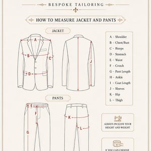 May include: A Castelio Craft bespoke tailoring instructional chart showing front and back line drawings of a jacket and pants. The diagram labels measurement points A through L for shoulders, chest, biceps, stomach, waist, crotch, length, and hip.