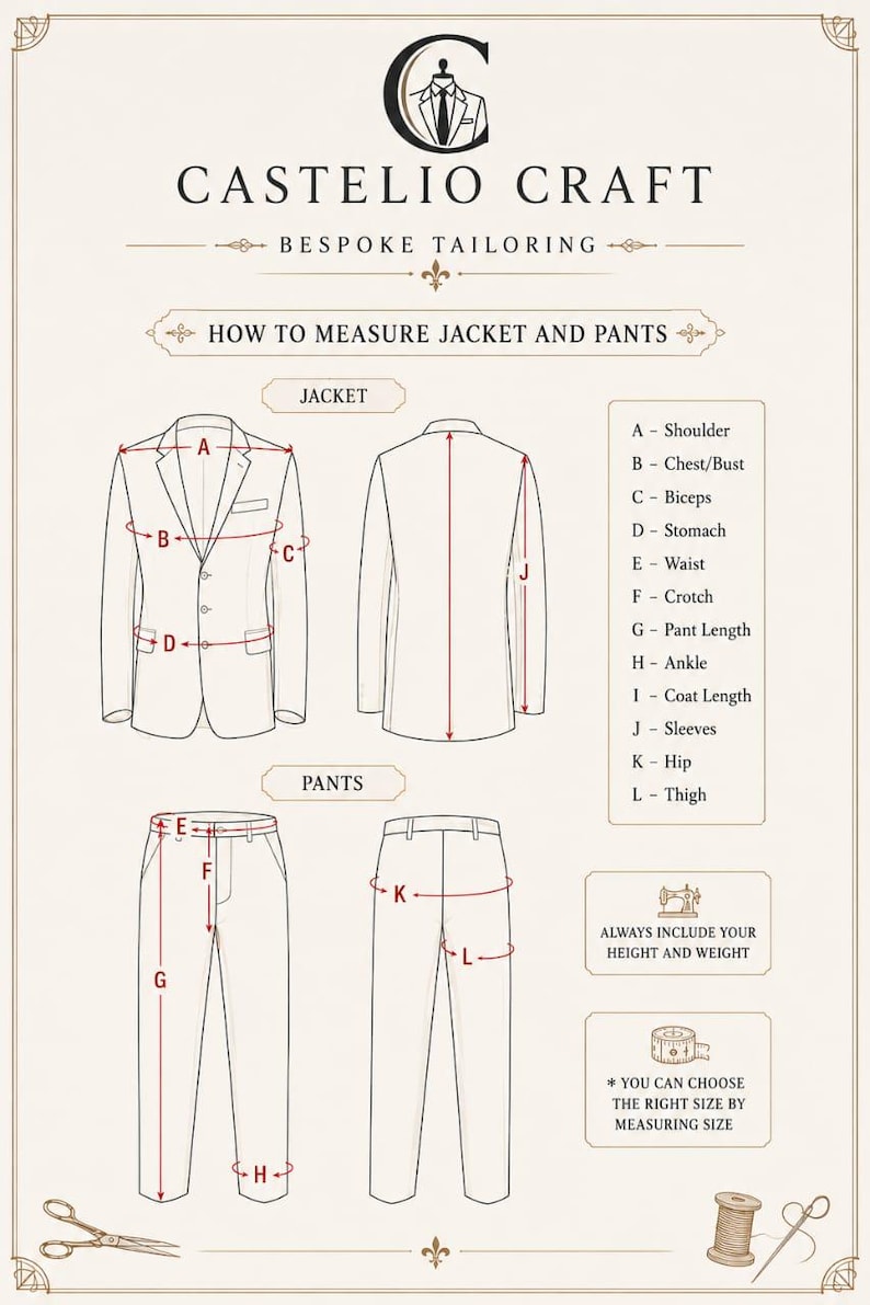May include: A Castelio Craft bespoke tailoring instructional chart showing front and back line drawings of a jacket and pants. The diagram labels measurement points A through L for shoulders, chest, biceps, stomach, waist, crotch, length, and hip.