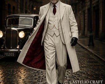 Traje de tres piezas para hombre color marfil con raya diplomática estilo años 20, con sobretodo. Traje de boda vintage estilo Peaky Blinders. Atuendo de la alta sociedad. Ropa de caballero a medida.