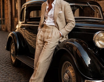 Men's Beige Linen Suit for Men | Wide-Leg Old Money Wedding Suit | Luxury Linen Formal Outfit | Custom Tailored Menswear