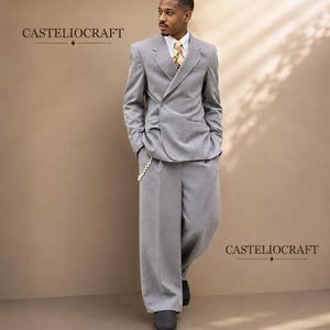 CASTELIOCRAFT Grey Wide Leg 2-Piece Suit for Men  70s Vintage Relaxed Fit Suit  Luxury Retro Formal Outfit Gift for Him