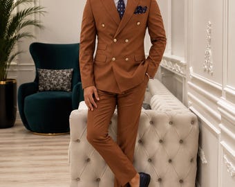 CASTELIOCRAFT Brown Double-Breasted Suit for Men  Elegant Formal Wedding Suit Luxury Business Party Blazer Set