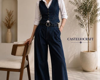 Conjunto de chaleco vaquero oscuro y vaqueros de pierna ancha para mujer | Conjunto vaquero inspirado en la alta sociedad | Conjunto de dos piezas de estilo vintage chic para mujer