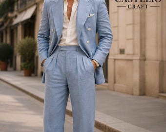 CASTELIOCRAFT Sky Blue Linen 2-Piece Linen Suit for Men Double Breasted Summer Linen Suit Luxury Resort & Wedding Outfit
