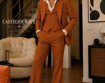 CASTELIOCRAFT Burnt Orange 70s Vintage Wide Leg Suit for Men Retro 3 Piece Disco Suit Old Money Formal Outfit Gift for Him