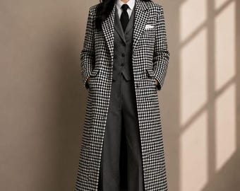 CASTELIOCRAFT Cappotto lungo da donna a quadri pied de poule, elegante cappotto a quadri bianchi e neri, capospalla invernale stile old money, cappotto formale su misura per donna