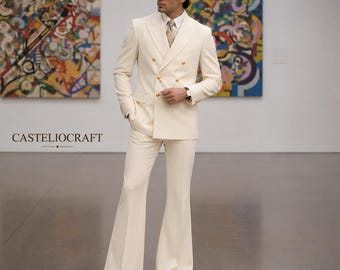 CASTELIOCRAFT Cream White 70s Vintage Wide Leg Suit for Men Double Breasted Retro Disco Suit Old Money Formal Outfit Gift for Him