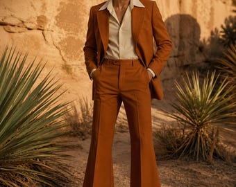 CASTELIOCRAFT Burnt Orange 70s Retro Suit for Men Vintage Wide Leg Formal Suit Retro Inspired Statement Menswear