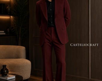 CASTELIOCRAFT Burgundy Formal Suit for Men Luxury Wine Red Tailored Suit Elegant Wedding Party Menswear Vintage Inspired Gift for Him
