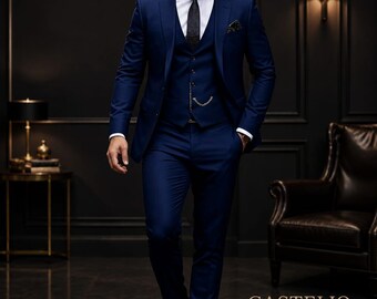 Men's Royal Blue Terry Rayon 3 Piece Suit | Luxury Wedding Suit for Men | Custom Tailored Elegant Groom Menswear | Classic Blue Vest Suit