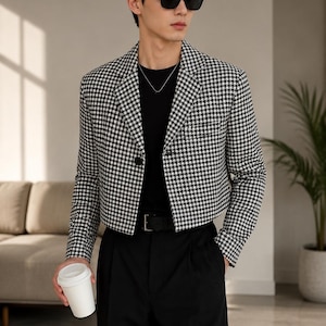 Men's Black & White Houndstooth Wool Cropped Jacket | Old Money Short Blazer for Men | Luxury Korean Style Casual Jacket | Custom Tailored