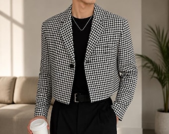 Chaqueta corta de lana con estampado de pata de gallo en blanco y negro para hombre | Blazer corto de estilo clásico para hombre | Chaqueta informal de lujo estilo coreano | Confeccionada a medida