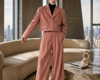 CASTELIO CRAFT Men's Dusty Rose Terry Rayon (TR) Suit | Handmade 2 Piece Wide Leg Suit  Luxury Modern Formal Suit Elegant Fashion Blazer Set