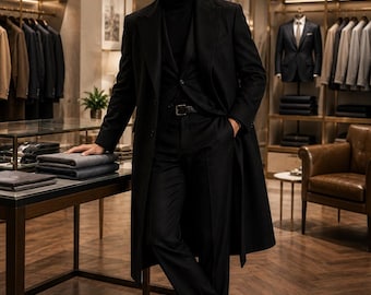 Men's Black Long Overcoat for Men | Old Money Luxury Winter Coat | Elegant Formal Outerwear | Custom Tailored Menswear