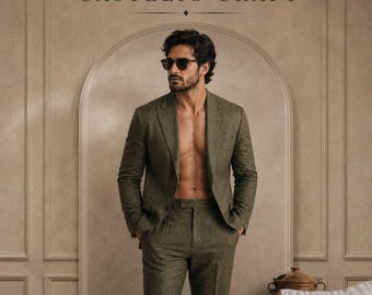 CASTELIOCRAFT Olive Green Linen Suit for Men Luxury Summer Linen Suit Relaxed Casual Wedding & Resort Wear