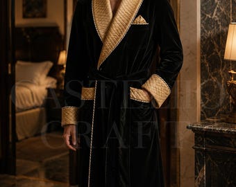 CASTELIO CRAFT Men's Black Velvet Luxury Robe Handmade Quilted Gold Shawl Collar Bathrobe Premium Velvet Dressing Gown Elegant Smoking Robe