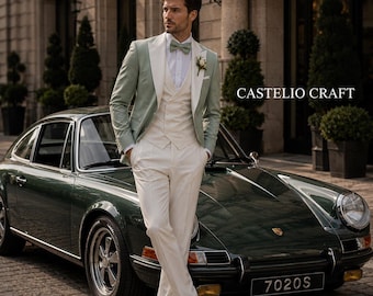 Men's Sage Green & Ivory Terry Rayon 3 Piece Suit | Luxury Wedding Suit for Men Custom Tailored Groom Tuxedo | Elegant formal business suit
