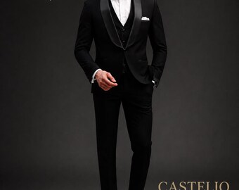 Men's Black Shawl Lapel Tuxedo Suit | Terry Rayon 3 Piece Formal Suit | Luxury Wedding Dinner Jacket | Custom Tailored Black Tie Menswear