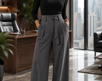 CASTELIO CRAFT Women's Gray High Waist Wide Leg Trousers Tailored Palazzo Pants | Office Wear Dress Pants | Elegant business formal trousers