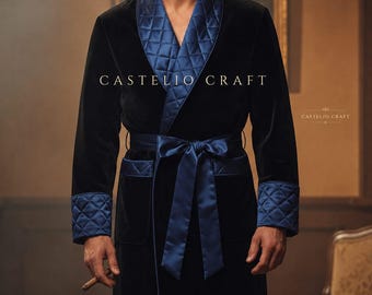 Accappatoio da uomo in velluto nero CASTELIOCRAFT | Giacca da fumo di lusso | Vestaglia con finiture in raso | Abbigliamento da casa per gentiluomini