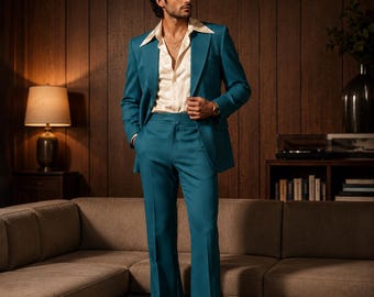 CASTELIOCRAFT Teal Blue Retro Suit for Men 70s Vintage Inspired Formal Outfit Luxury Disco Style Menswear Elegant Party Suit Gift