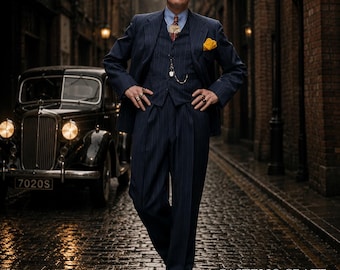 Men's Navy Blue Pinstripe 3 Piece Suit | Terry Rayon Double-Breasted Vintage Suit | Old Money Wedding Suit | Retro Mafia Formal Menswear\